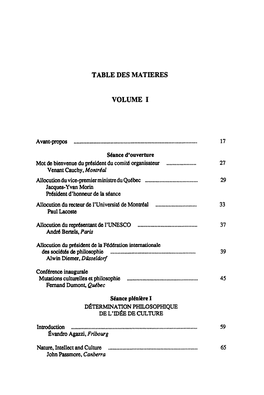 Table Des Matieres Volume I