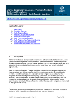 Table of Contents I. Background Internet Corporation for Assigned