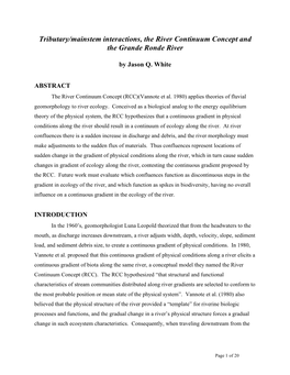 Tributary/Mainstem Interactions, the River Continuum Concept and the Grande Ronde River