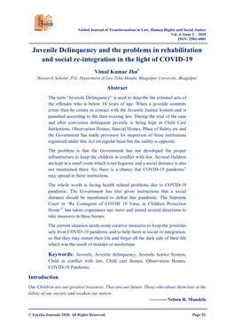 Juvenile Delinquency and the Problems in Rehabilitation and Social Re-Integration in the Light of COVID-19