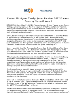 Eastern Michigan's Tavelyn James Receives 2012 Frances Pomeroy Naismith Award