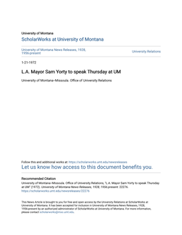 L.A. Mayor Sam Yorty to Speak Thursday at UM