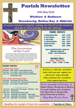 Parish Newsletter 13Th May 2018 Wicklow & Rathnew Barndarrig, Brittas Bay & Kilbride