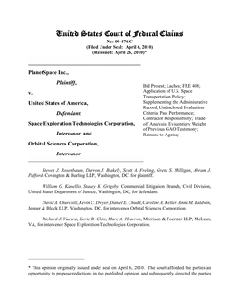 Planetspace Inc., Plaintiff, Bid Protest; Laches; FRE 408; V