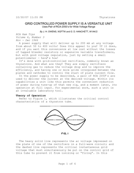 GRID CONTROLLED POWER SUPPLY IS a VERSATILE UNIT Uses Pair of RCA-2050’S for Wide Voltage Range