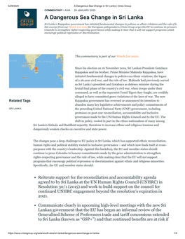 A Dangerous Sea Change in Sri Lanka | Crisis Group COMMENTARY / ASIA 29 JANUARY 2020 a Dangerous Sea Change in Sri Lanka