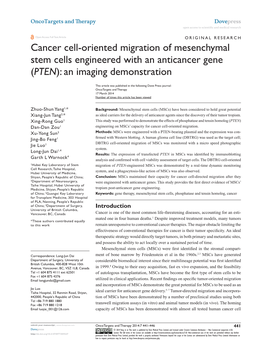 Cancer Cell-Oriented Migration of Mesenchymal Stem Cells Engineered with an Anticancer Gene (PTEN): an Imaging Demonstration