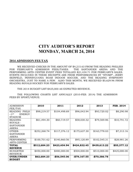 City Auditor's Report Monday, March 24, 2014
