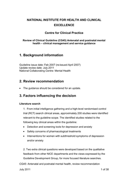 Review of Clinical Guideline (CG45) Antenatal and Postnatal Mental Health – Clinical Management and Service Guidance