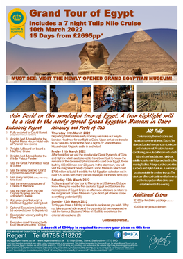 Grand Tour of Egypt Includes a 7 Night Tulip Nile Cruise 10Th March 2022 15 Days from £2695Pp*