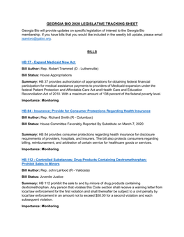 GEORGIA BIO 2020 LEGISLATIVE TRACKING SHEET Georgia Bio Will Provide Updates on Specific Legislation of Interest to the Georgia Bio Membership