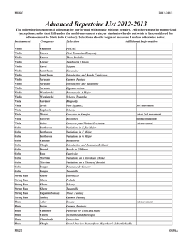 Advanced Repertoire List 2012-2013 the Following Instrumental Solos May Be Performed with Music Without Penalty