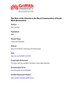 The Role of the Church in the Rural Communities of South West Queensland. Noel Roy Park