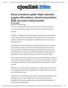 Kansas Coronavirus Update: Higher Education Grapples with Academic, Financial Uncertainties; KDOC Cans Prison Medical Provider - New…