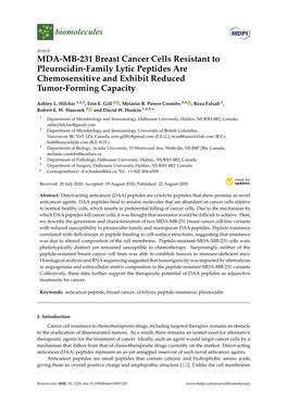 MDA-MB-231 Breast Cancer Cells Resistant to Pleurocidin-Family Lytic Peptides Are Chemosensitive and Exhibit Reduced Tumor-Forming Capacity