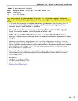 Wednesday, April 8, 2020 at 14:14:51 Eastern Daylight Time Page 1 of 1 Subject: NE Wind Transmission Comments Date: Wednesday, A