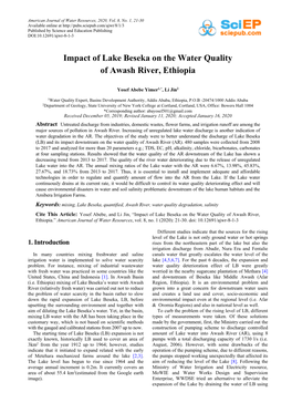 Impact of Lake Beseka on the Water Quality of Awash River, Ethiopia