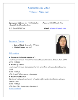 Curriculum Vitae Tahere Alizamir