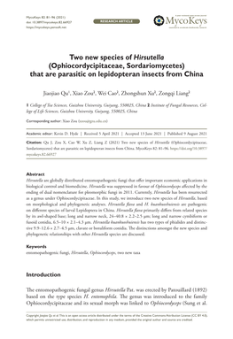 Two New Species of Hirsutella (Ophiocordycipitaceae, Sordariomycetes) That Are Parasitic on Lepidopteran Insects from China