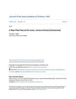 A New Plant Record for Iowa: &lt;I&gt;Lactuca Hirsuta&lt;/I&gt; (Asteraceae)