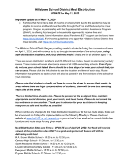 Hillsboro School District Meal Distribution UPDATE for May 11, 2020