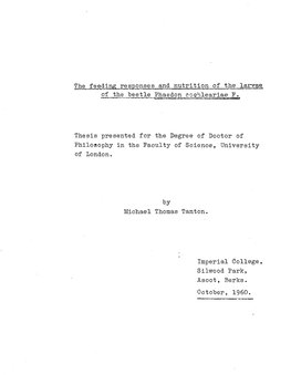 The Feeding Responses and Nutrition of the Larvae of the Beetle Phaedon Cochleariae F
