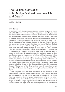 The Political Context of John Mulgan's Greek Wartime Life and Death1