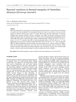 Seasonal Variations in Thermal Energetics of Australian Silvereyes (Zosterops Lateralis)