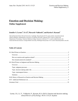 Emotion and Decision Making: Online Supplement, P