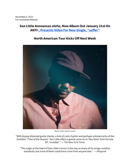 November 6, 2019 Son Little Announces Aloha, New Album Out