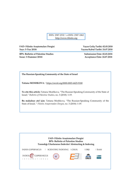 FAD- Filistin Araştırmaları Dergisi Yayın Geliş Tarihi: 02.03.2018 Sayı: 3 (Yaz 2018) Yayına Kabul Tarihi: 24.07.2018