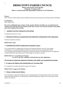 BRIDGTOWN PARISH COUNCIL Minutes of the Parish Council Meeting