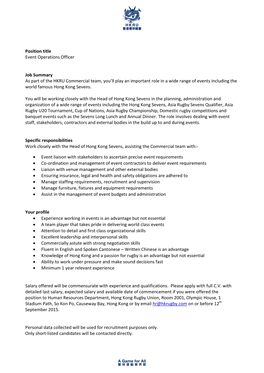 Position Title Event Operations Officer Job Summary As Part of the HKRU