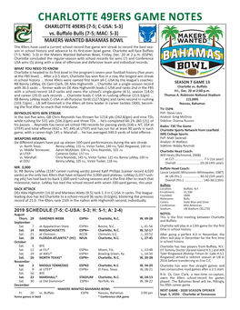 CHARLOTTE 49ERS GAME NOTES CHARLOTTE 49ERS (7-5; C-USA: 5-3) Vs