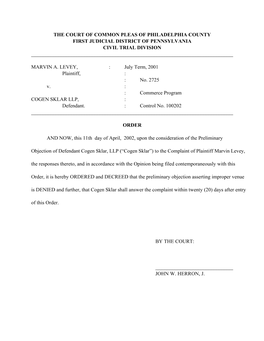 The Court of Common Pleas of Philadelphia County First Judicial District of Pennsylvania Civil Trial Division ______