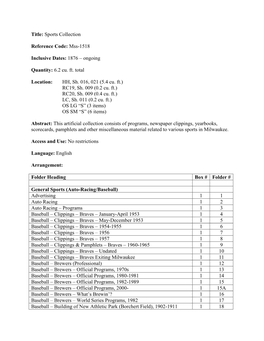 Title: Sports Collection Reference Code: Mss-1518 Inclusive Dates