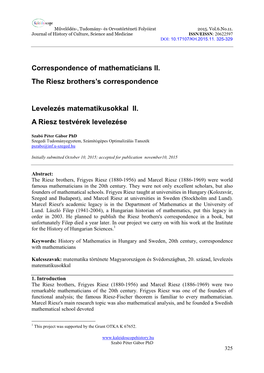 Correspondence of Mathematicians II. the Riesz Brothers's Correspondence