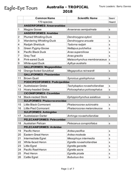 2018 Tropical Australia Species List