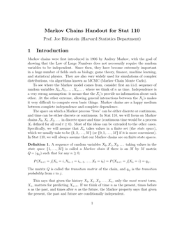 Markov Chains Handout for Stat 110 1 Introduction