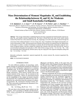 Mass Determination of Moment Magnitudes Mw and Establishing the Relationship Between Mw and ML for Moderate and Small Kamchatka Earthquakes I