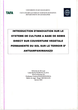 Introduction D'innovation Sur Le Systeme De Culture a Base De Semis Direct Sur Couverture Vegetale Permanente Du Sol Sur Le Te