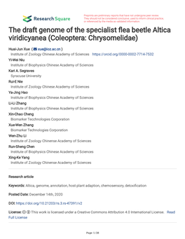 The Draft Genome of the Specialist Ea Beetle Altica Viridicyanea