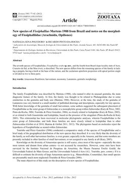 New Species of Fissiphallius Martens 1988 from Brazil and Notes on the Morphol- Ogy of Fissiphalliidae (Arachnida, Opiliones)