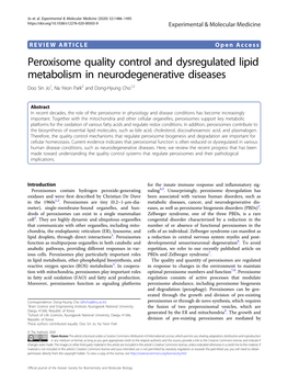 Peroxisome Quality Control and Dysregulated Lipid Metabolism in Neurodegenerative Diseases Doo Sin Jo1,Nayeonpark2 and Dong-Hyung Cho1,2