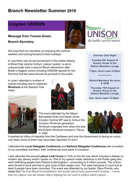 Croydon UNISON Branch Newsletter Summer 2019