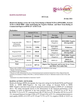 RATING RATIONALE IFCI Ltd. 20 July 2021 Brickwork Ratings Revises The