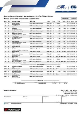 Macau Grand Prix - FIA F3 World Cup Macau Grand Prix - Provisional Classification TIMING BULLETIN 178