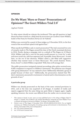 Do We Want 'More Or Fewer' Prosecutions of Opinions? the Geert Wilders Trial 2.0*