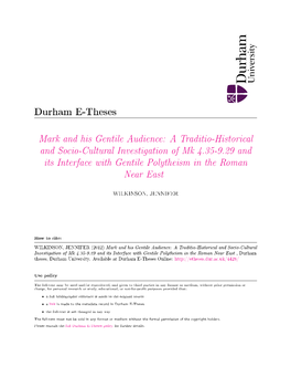 Mark and His Gentile Audience: a Traditio-Historical and Socio-Cultural Investigation of Mk 4.35-9.29 and Its Interface with Gentile Polytheism in the Roman Near East