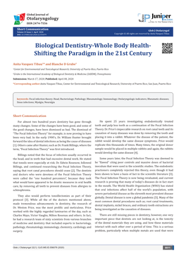 Biological Dentistry-Whole Body Health-Shifting the Paradigm in the 21St Century